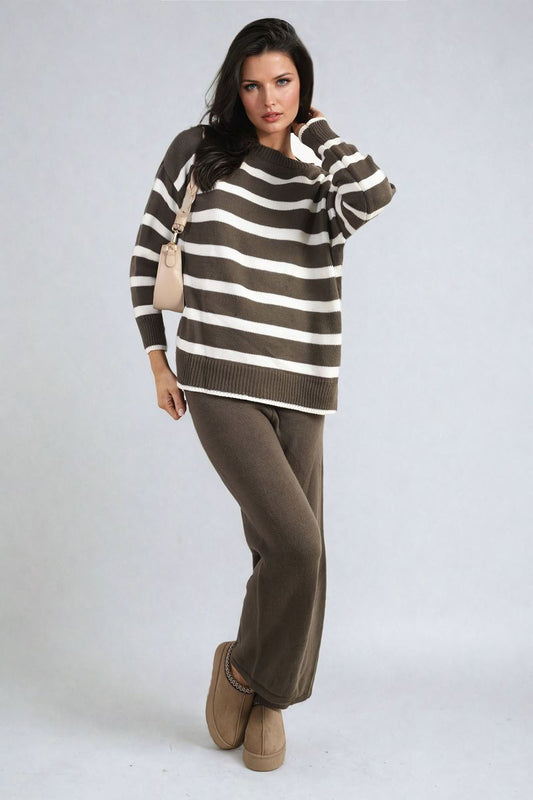 (F) Knitted Striped Long Sleeve Top and  Pants Co-ord Set