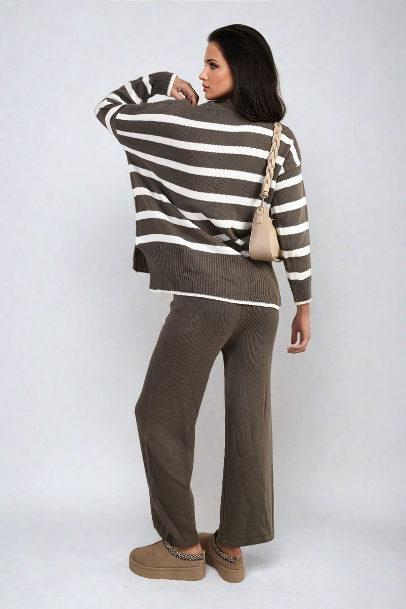 (F) Knitted Striped Long Sleeve Top and  Pants Co-ord Set