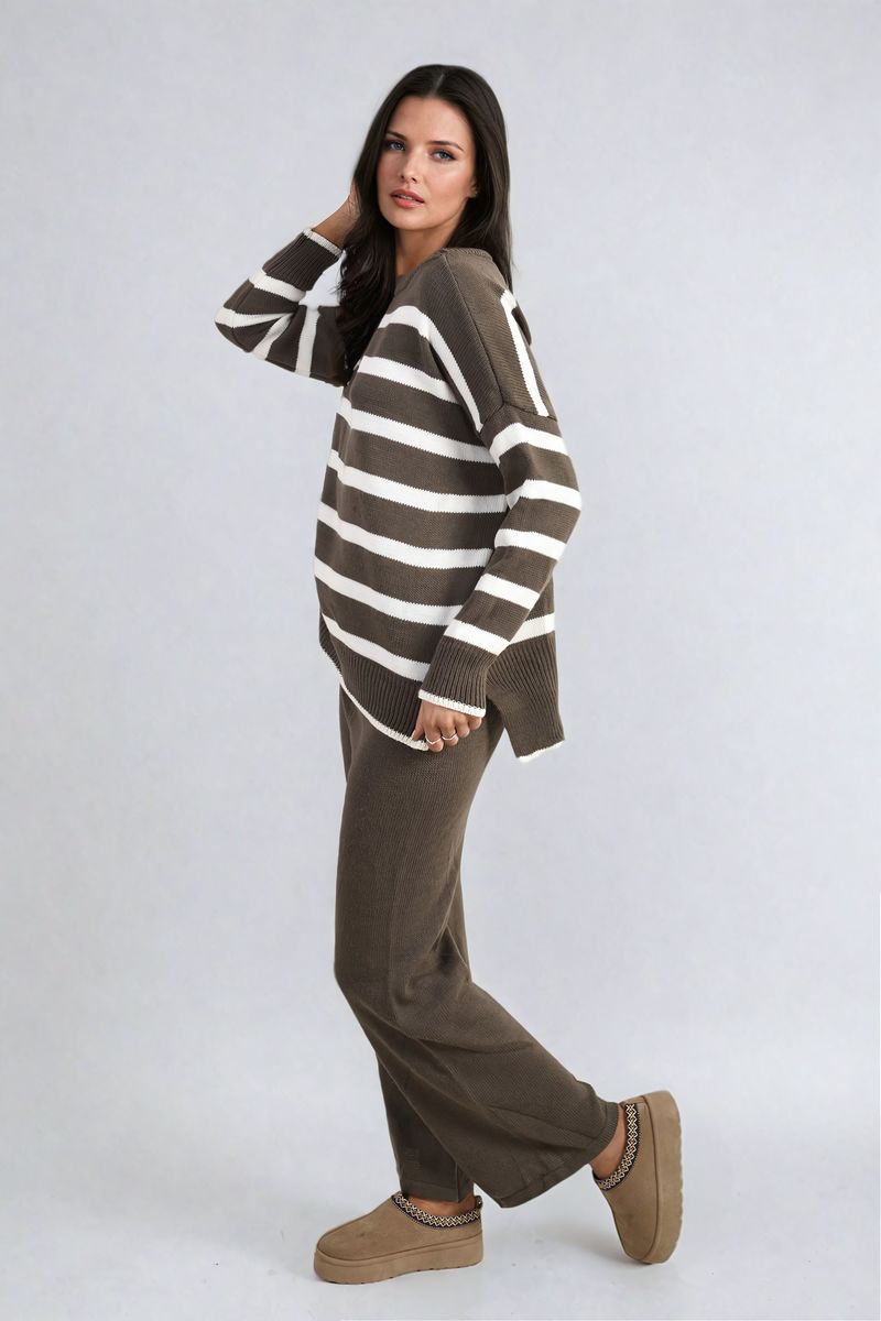 (F) Knitted Striped Long Sleeve Top and  Pants Co-ord Set