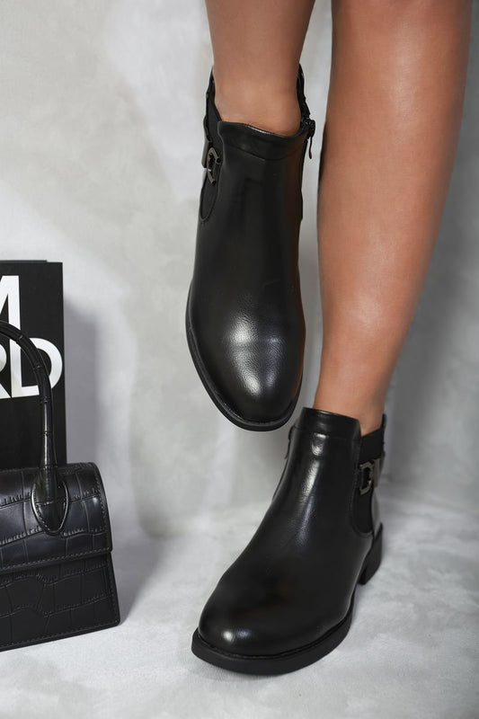 (F) Low Block Heel Buckle Ankle Boots