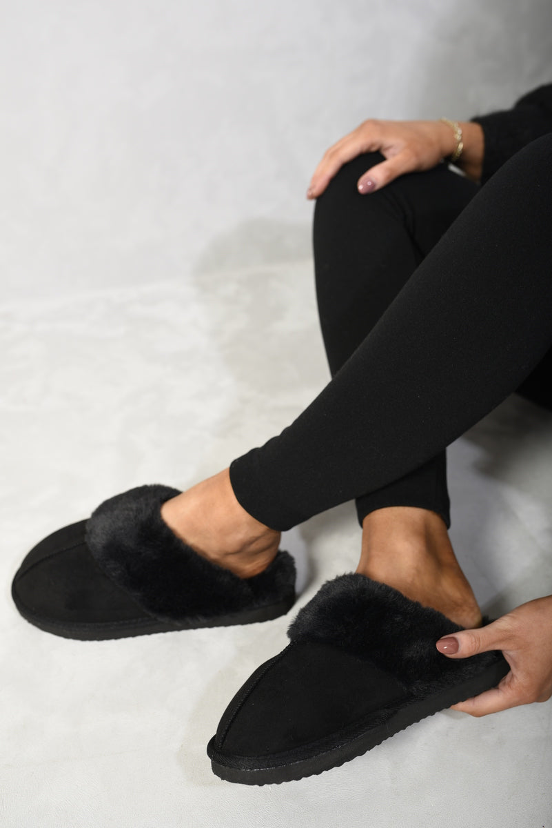 (F) Fuzzy Faux Fur Lined Slip-On Slippers
