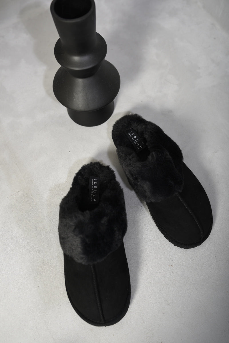 (F) Fuzzy Faux Fur Lined Slip-On Slippers
