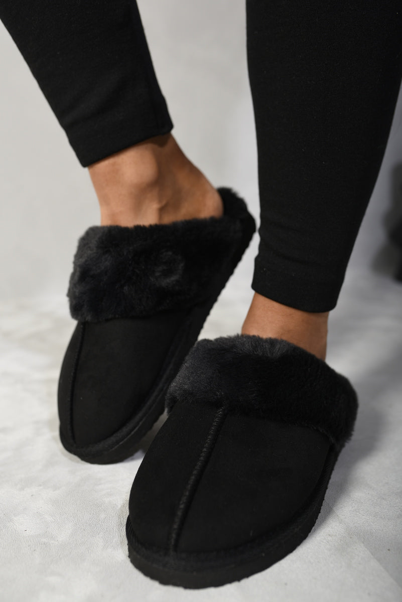 (F) Fuzzy Faux Fur Lined Slip-On Slippers
