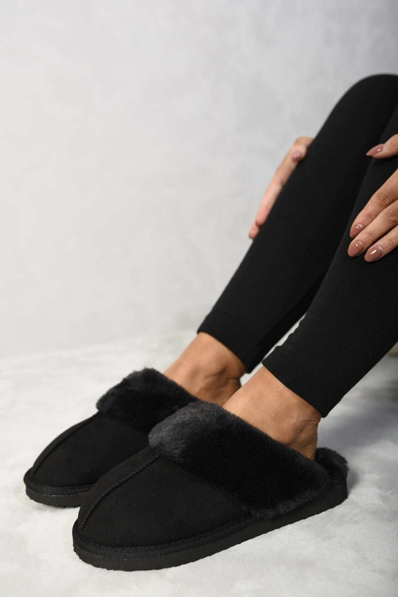 (F) Fuzzy Faux Fur Lined Slip-On Slippers