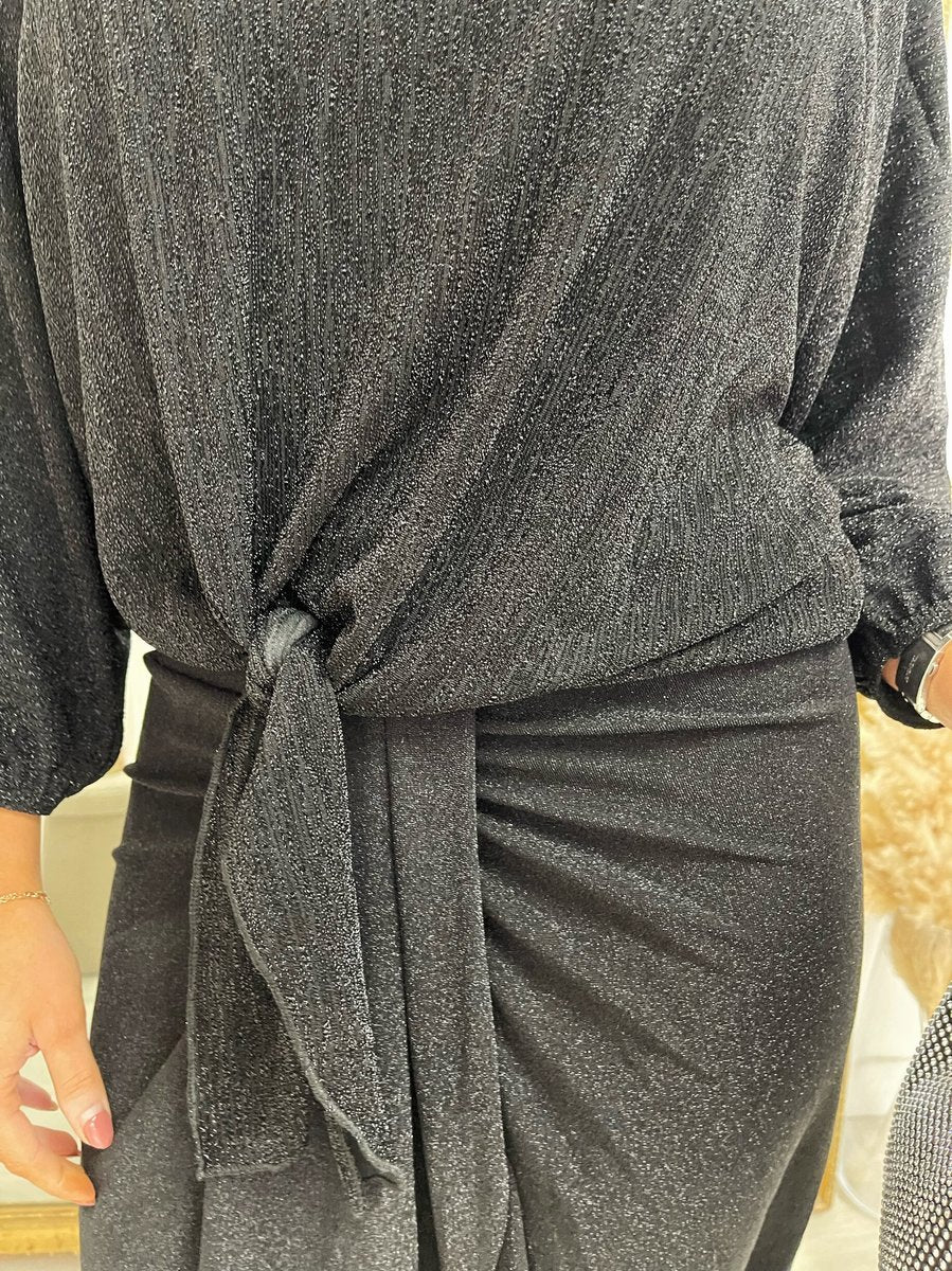 (F) Shimmer Long Sleeve Tie Front Top