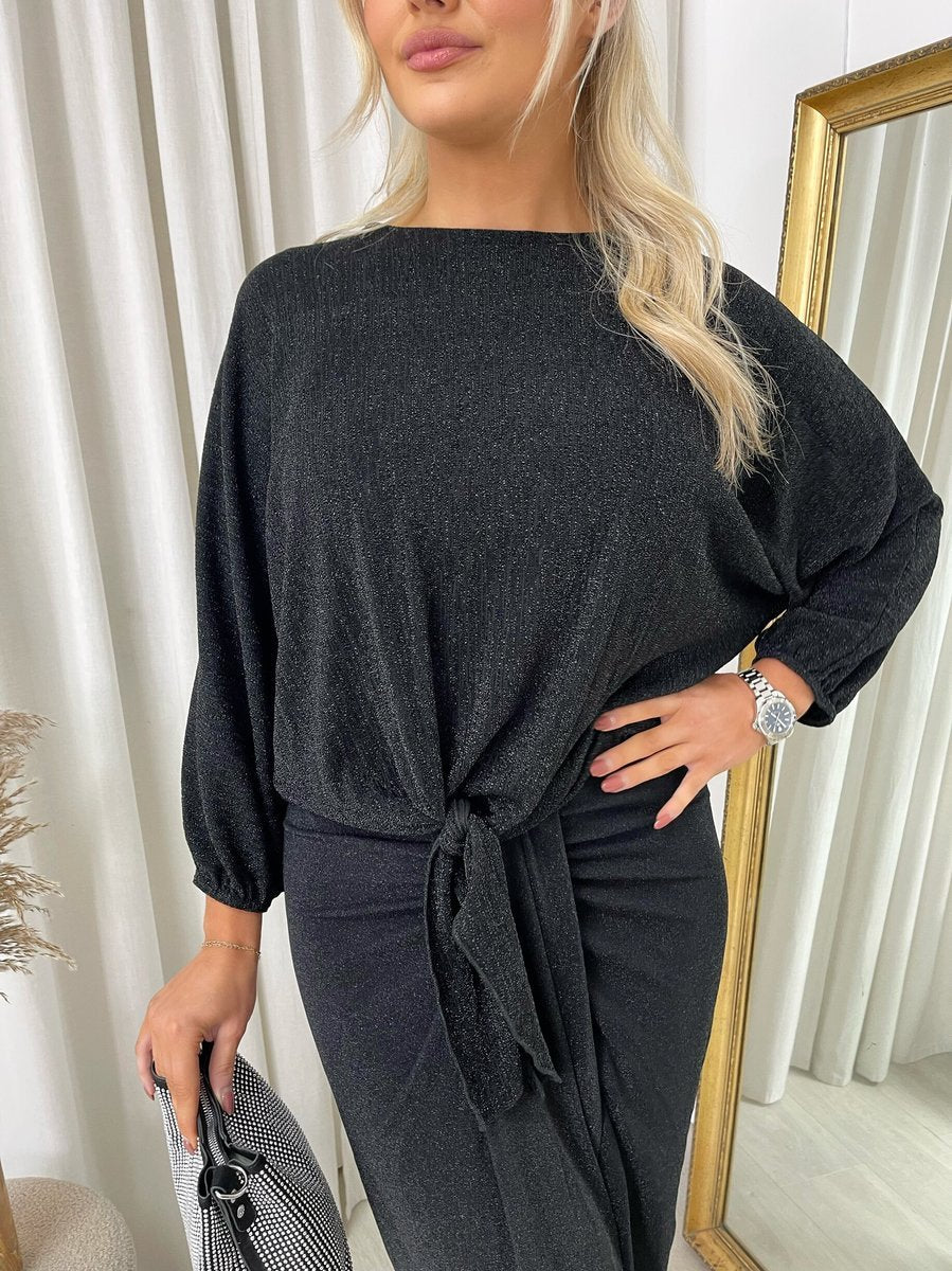(F) Shimmer Long Sleeve Tie Front Top