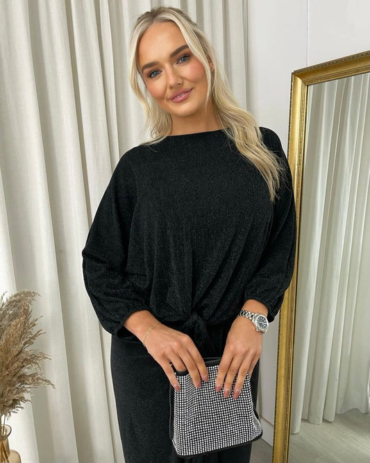 (F) Shimmer Long Sleeve Tie Front Top