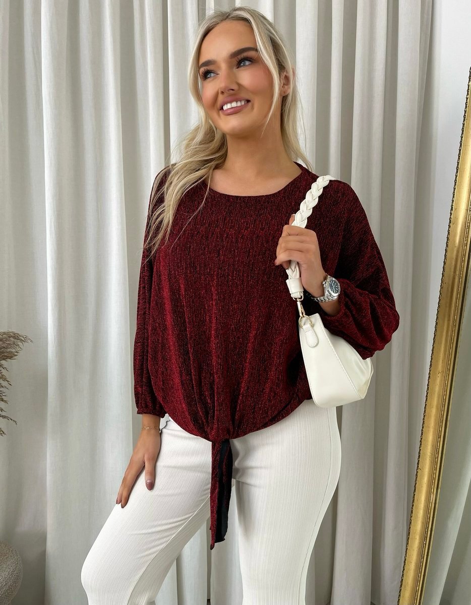 (F) Shimmer Long Sleeve Tie Front Top