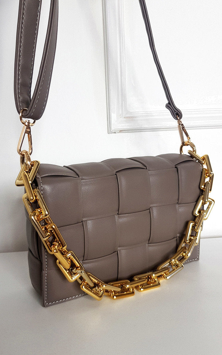 (F) Padded Shoulder Bag with Chain Detail