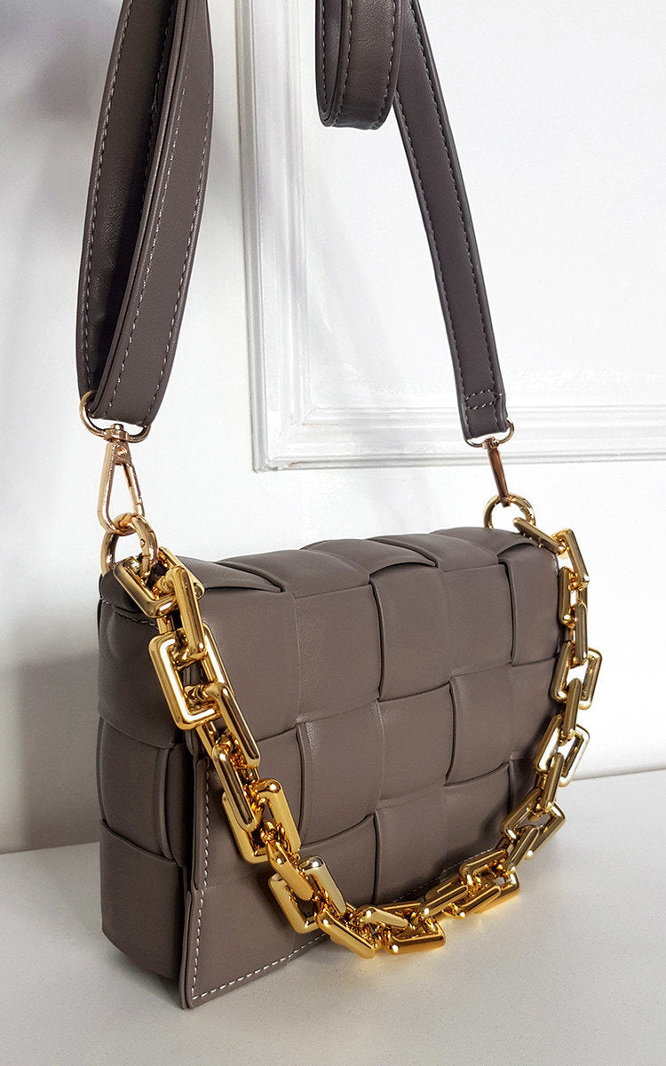 (F) Padded Shoulder Bag with Chain Detail