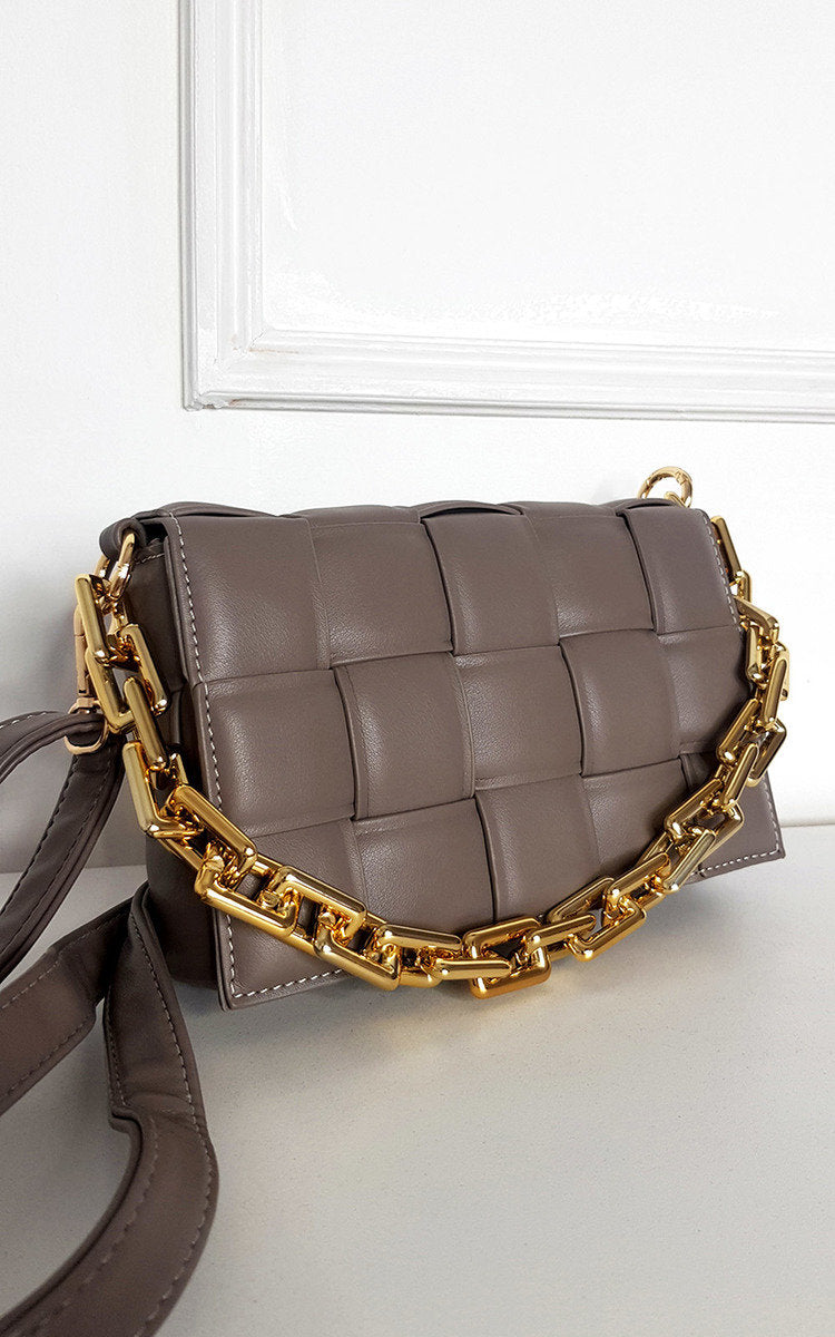 (F) Padded Shoulder Bag with Chain Detail