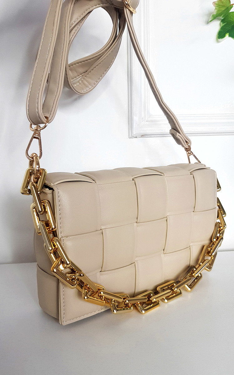 (F) Padded Shoulder Bag with Chain Detail