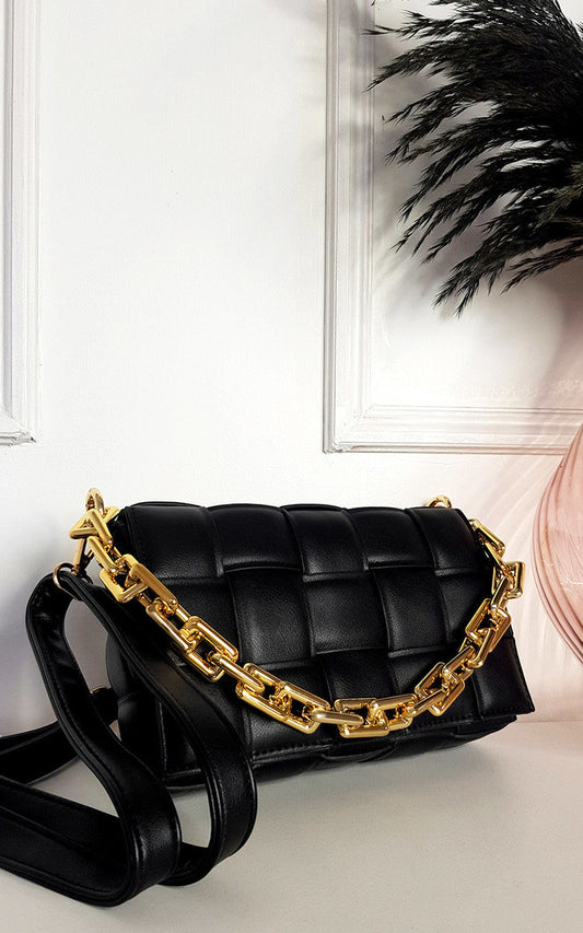 (F) Padded Shoulder Bag with Chain Detail