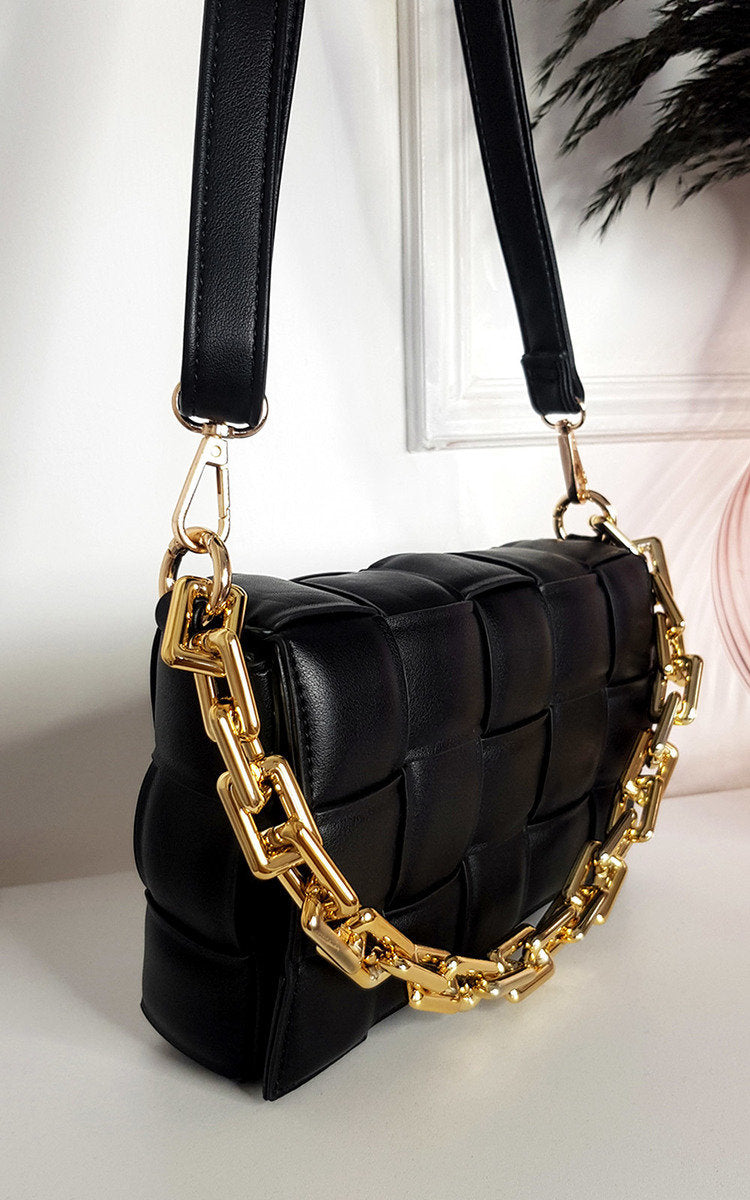 (F) Padded Shoulder Bag with Chain Detail