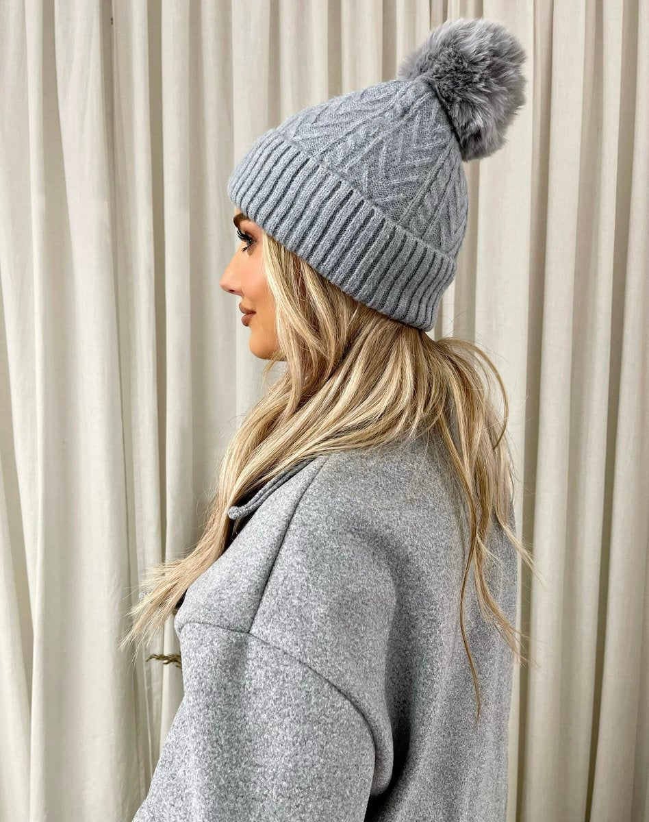 (F) Chunky Knit Fur Pom Beanie Hat