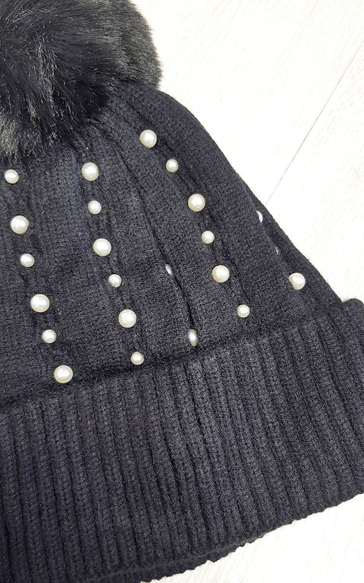 (F) Pom Pom Hat with Pearl Detail