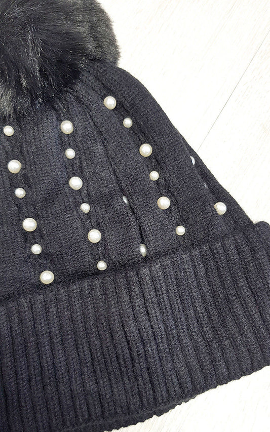 (F) Pom Pom Hat with Pearl Detail