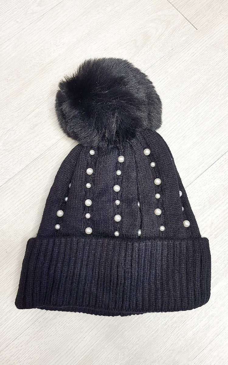 (F) Pom Pom Hat with Pearl Detail