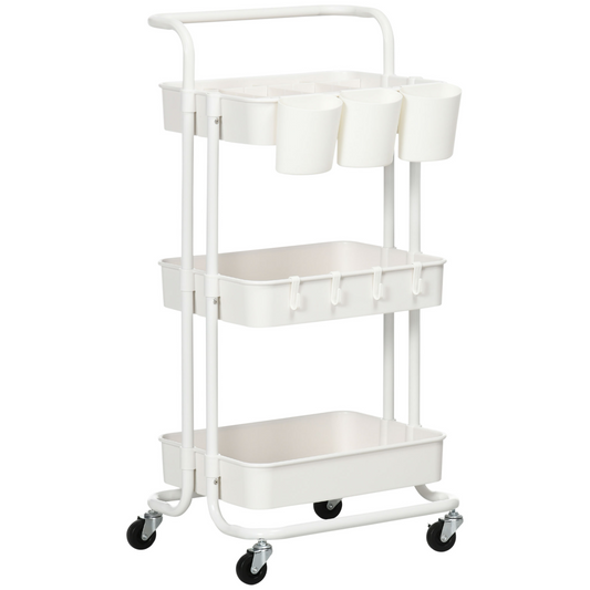 HOMCOM 3-Tier Utility Cart, Rolling Serving Trolley with Baskets and Hooks