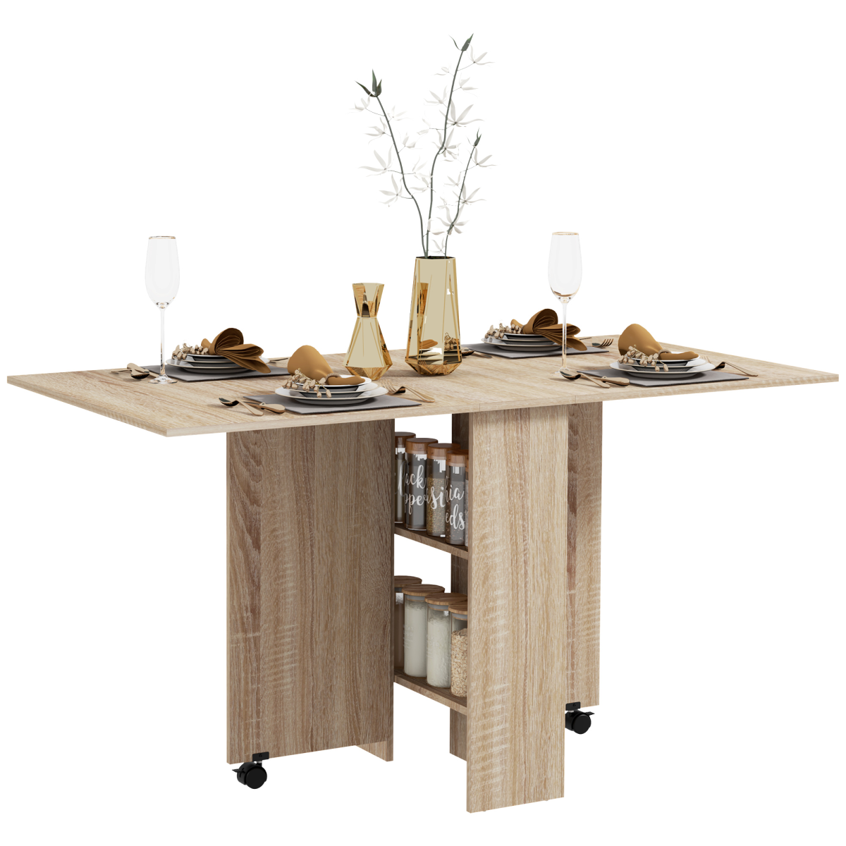 Mobile Drop Leaf Table Kitchen Table Extendable Dining Table w/ Shelves, Wheels