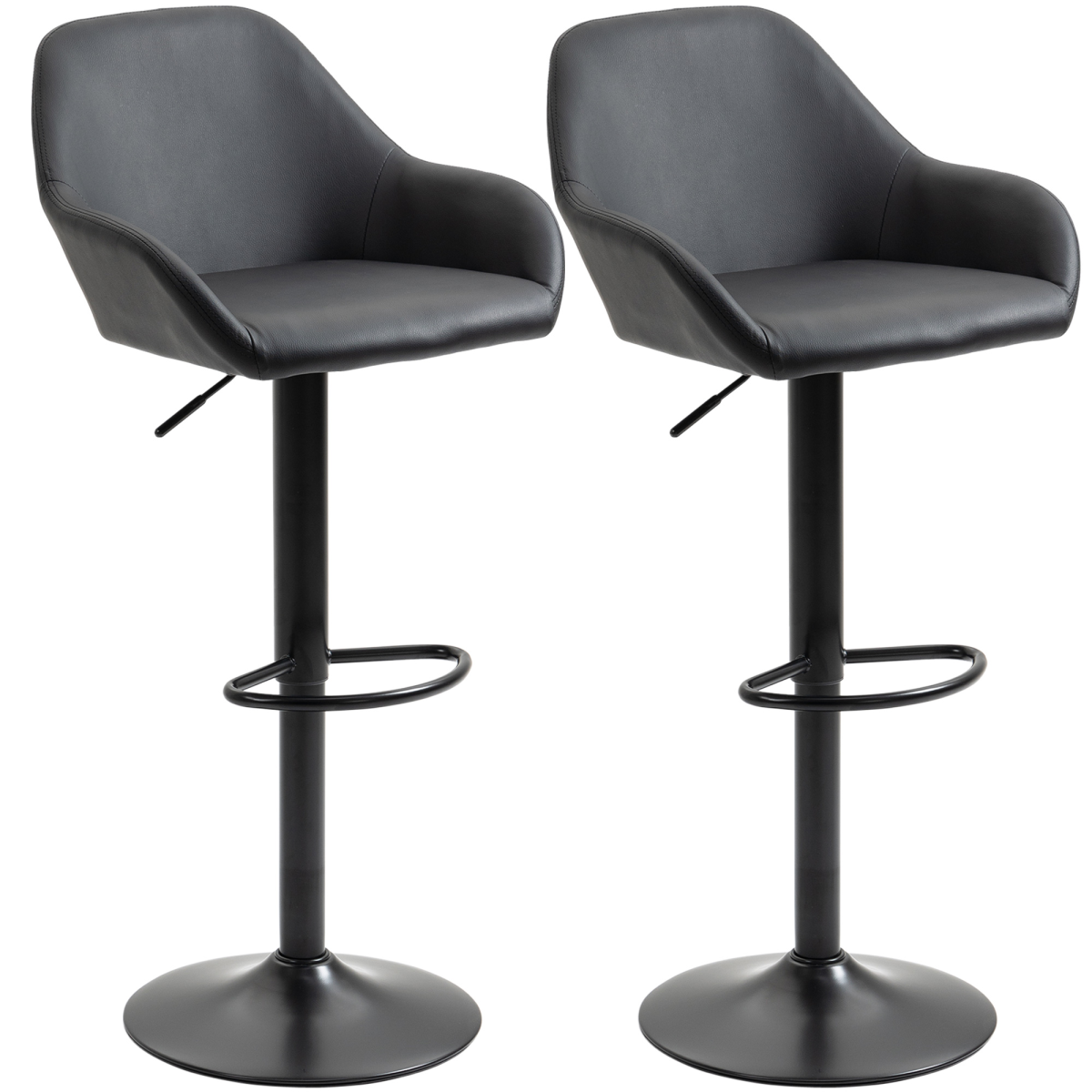 Set of 2, Swivel Barstools with Footrest and Backrest, PU Leather Black
