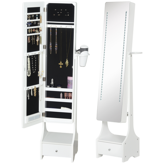 Freestanding Jewellery Storage Mirror Armoire  LED Lights Hooks Drawer