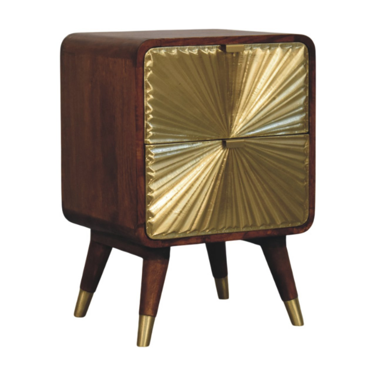 Artisan Furniture Solid Wood Avora Brass Embossed 2 Drawer Chestnut Nightstand, Brown & Golden