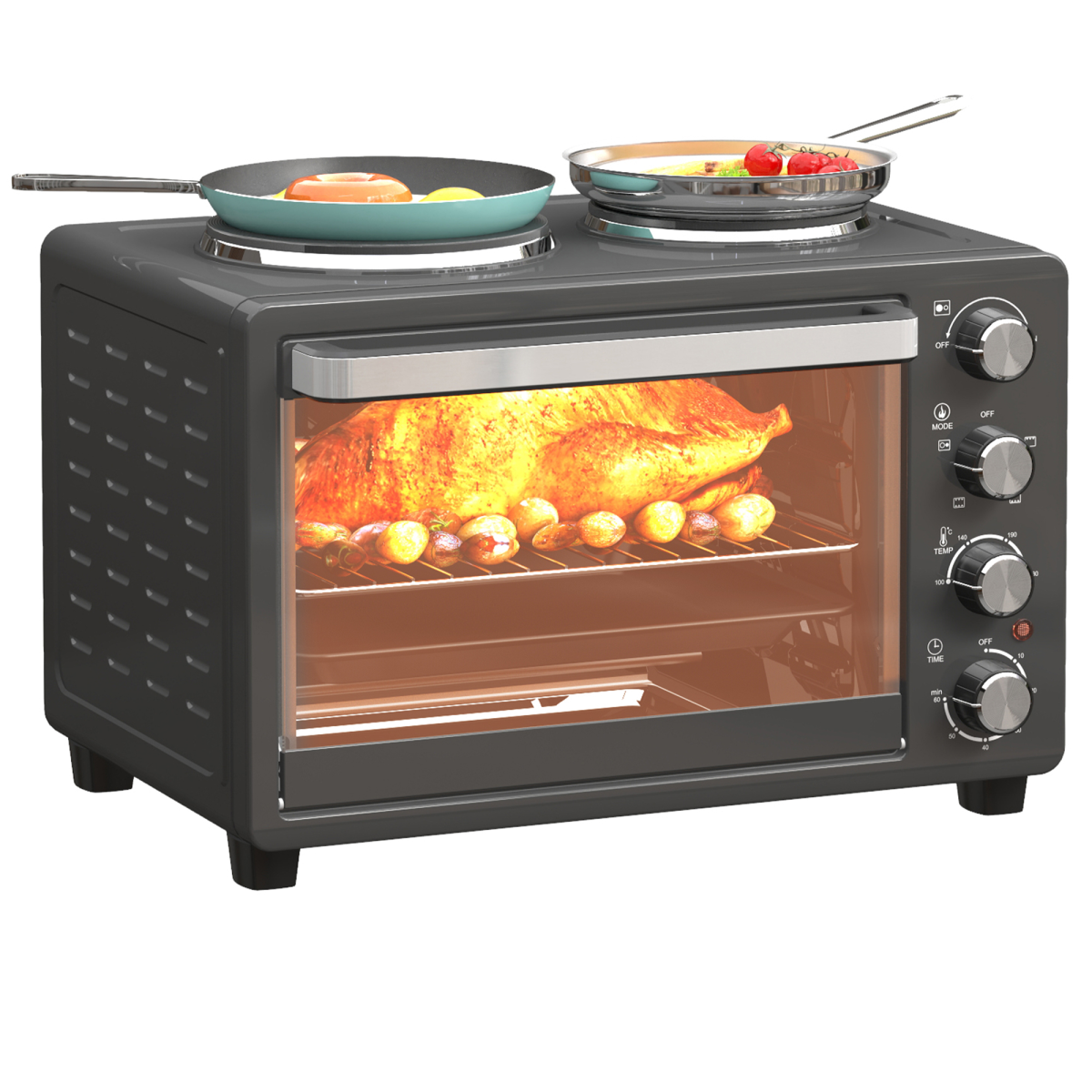 HOMCOM 28L Countertop Toaster Oven with 2 Hot Plates, Grill, Roast, Bake