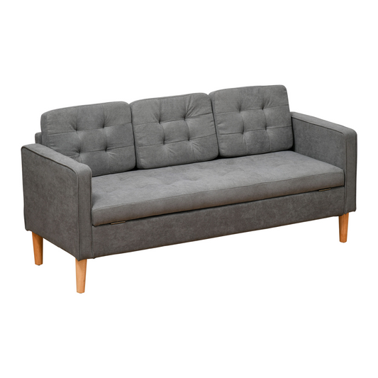 3-Seater Sofa Button-Tufted Fabric Couch with Hidden Storage, Rubberwood Legs