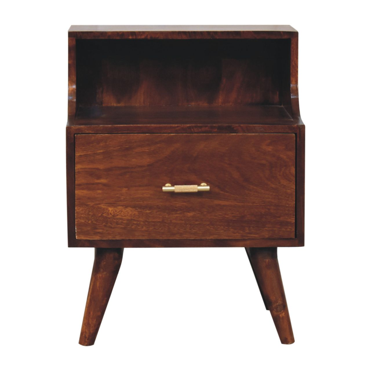 Artisan Furniture Solid Wood T-bar Raised Back Bedside, 1 Drawer, 1 Open Slot, Dark Brown