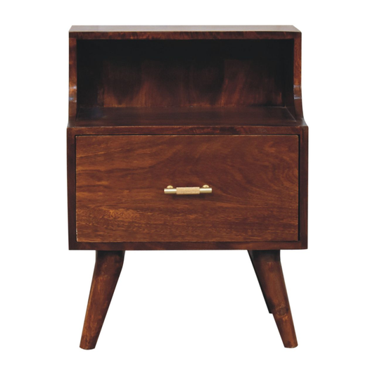 Artisan Furniture Solid Wood T-bar Raised Back Bedside, 1 Drawer, 1 Open Slot, Dark Brown