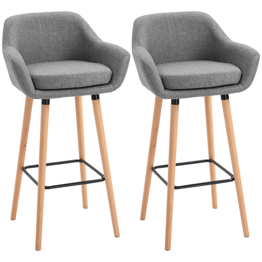 2 PCs Modern Upholstered Fabric Bucket Seat Bar Stools w/ Solid Wood Legs Grey