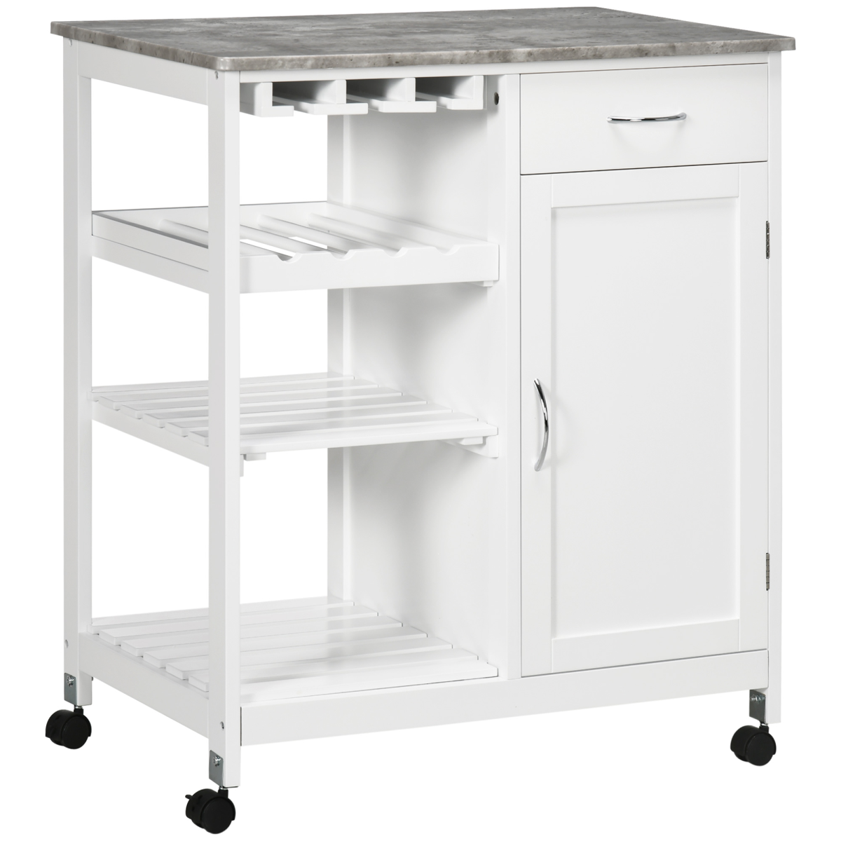 Kitchen Trolley Utility Cart on Wheels with Wine Rack, Drawer, Open Shelf White