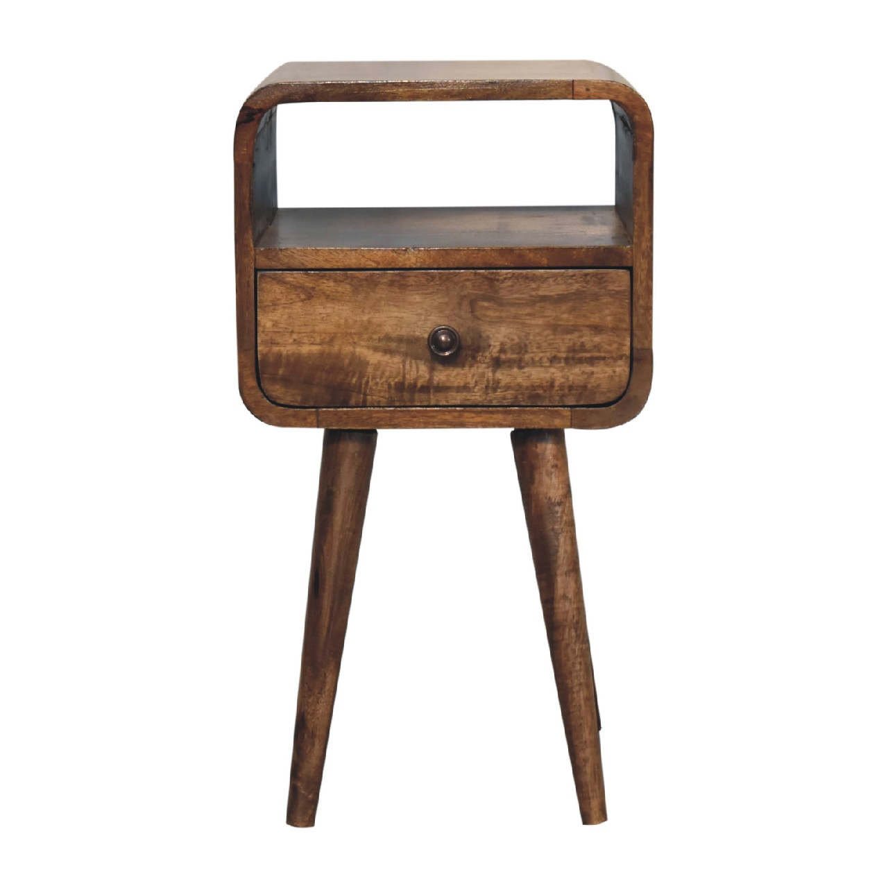 Artisan Furniture Solid Wood Mini Grey Wash Curve Open Bedside, Brown, 1 Drawer