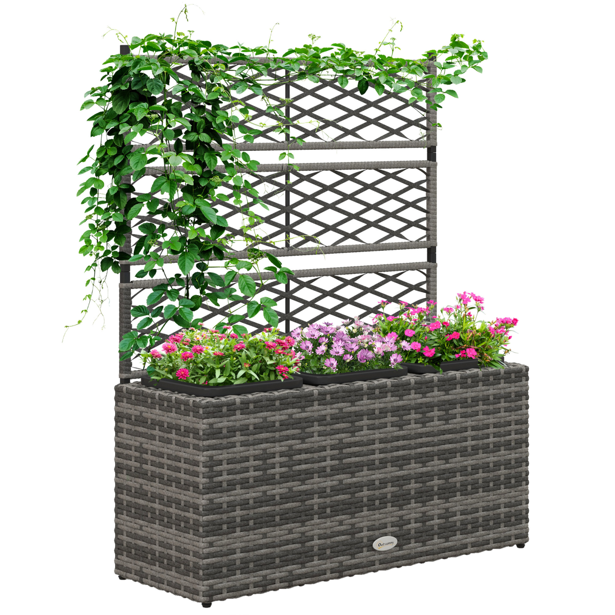 Outsunny Garden PE Rattan Planter Box w/ Trellis Flower Raised Bed, 84x30x107cm
