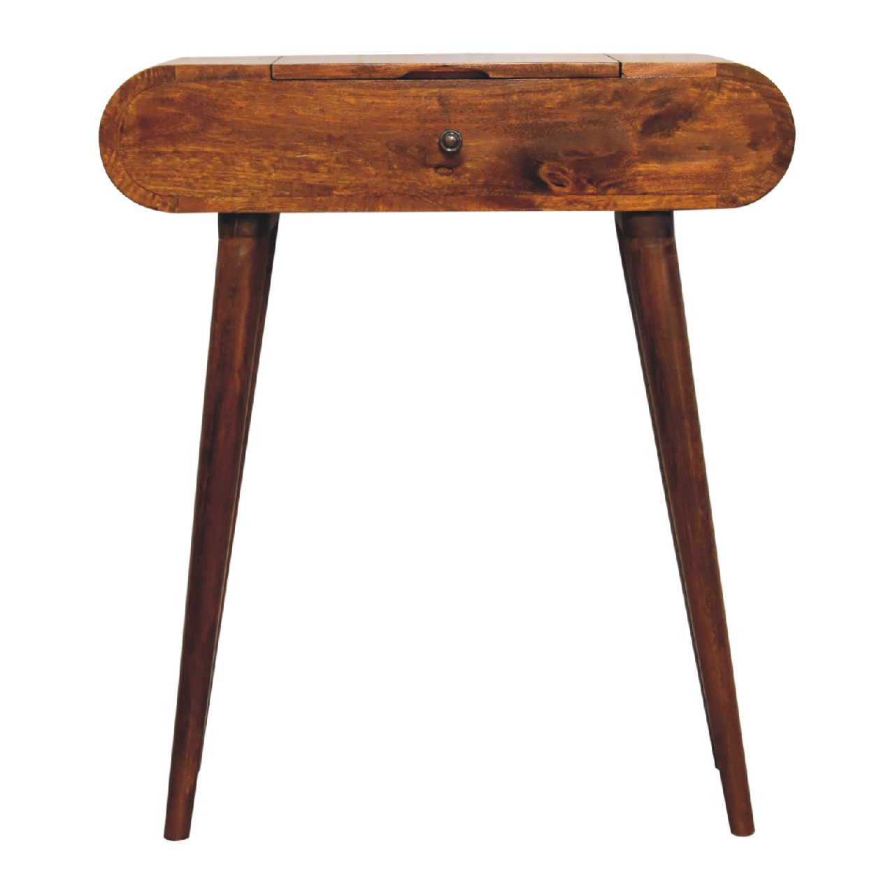 Artisan Furniture Solid Wood Mini Round Chestnut Fold Vanity, 4 Storage Compartments with Mirror, Dark Brown