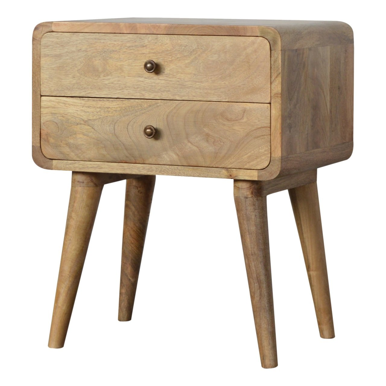 Artisan Furniture Solid Wood Curved Oak-ish Bedside, 2 Drawers, Brown Color