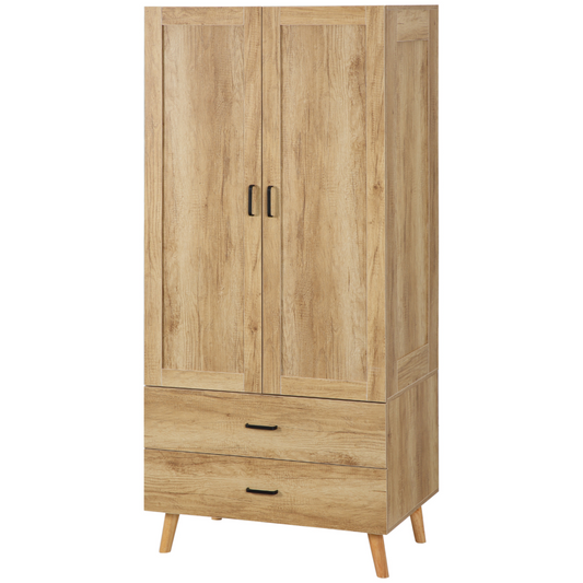 2 Door Wardrobe, Modern Wardrobe w/ 2 Drawer, Hanging Rail for Bedroom Natural