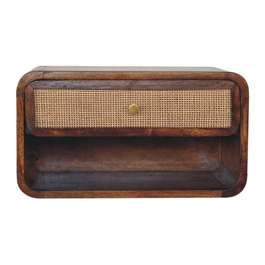 Artisan Furniture Solid Wood Chestnut Wall Mounted Open Woven Bedside, Dark Brown, 1 Drawer, 1 Shelve