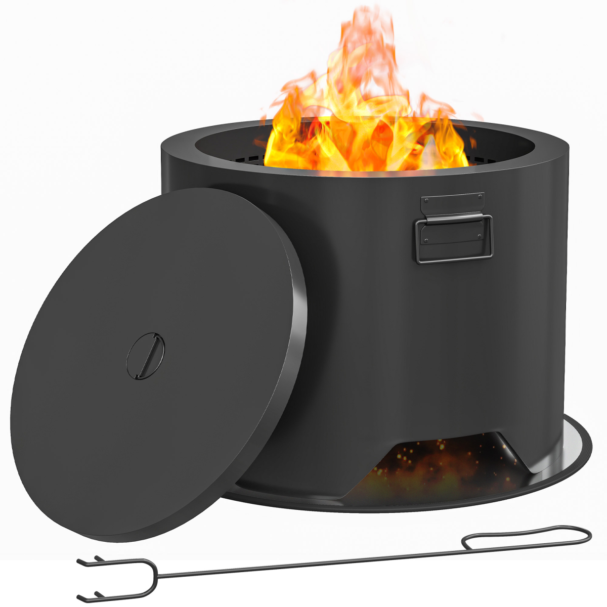 Outsunny Outdoor Round Fire Pit with Lid, Firepit with Fire Poker, Black