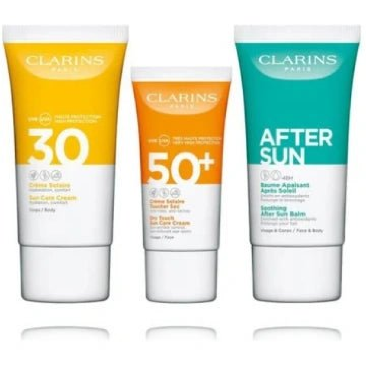 Clarins Suncare Travel Set: SPF50 Face Cream 30ml, SPF30 Body 75ml, After Sun 75ml