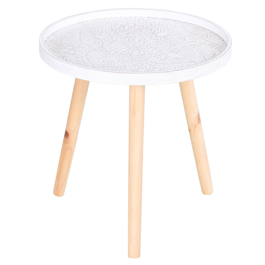 Pine Wood Floral Etched Side Table w/ Saucer Top White