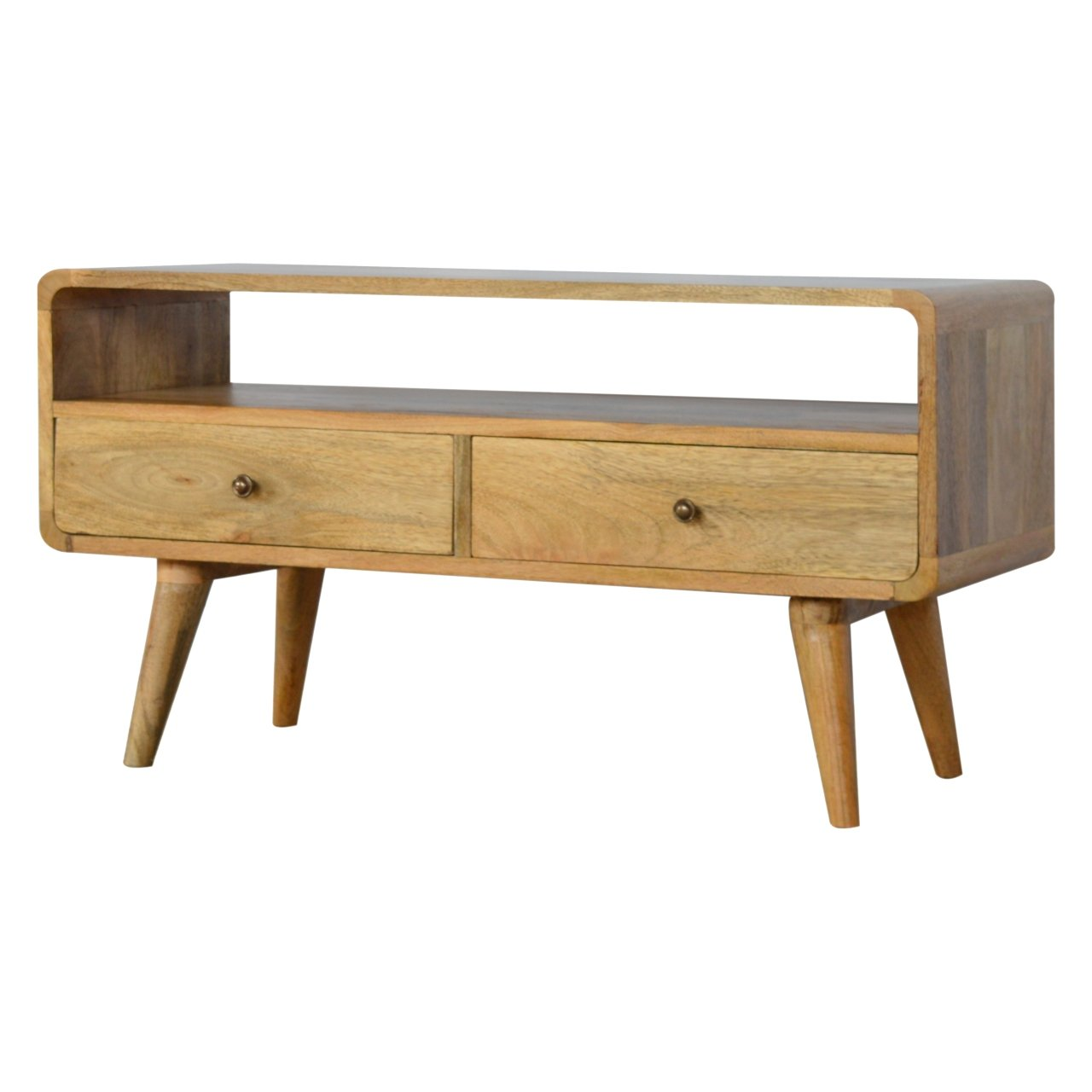 Artisan Furniture Solid Wood Curved Oak-ish Media Unit, 2 Drawers, 1 Open Slot, Brown Color
