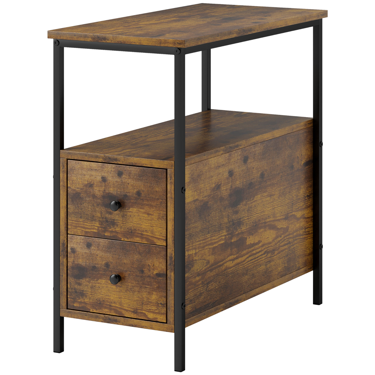 Slim Side Table End Table with 2 Drawers & Storage Shelf for Living Room, Brown