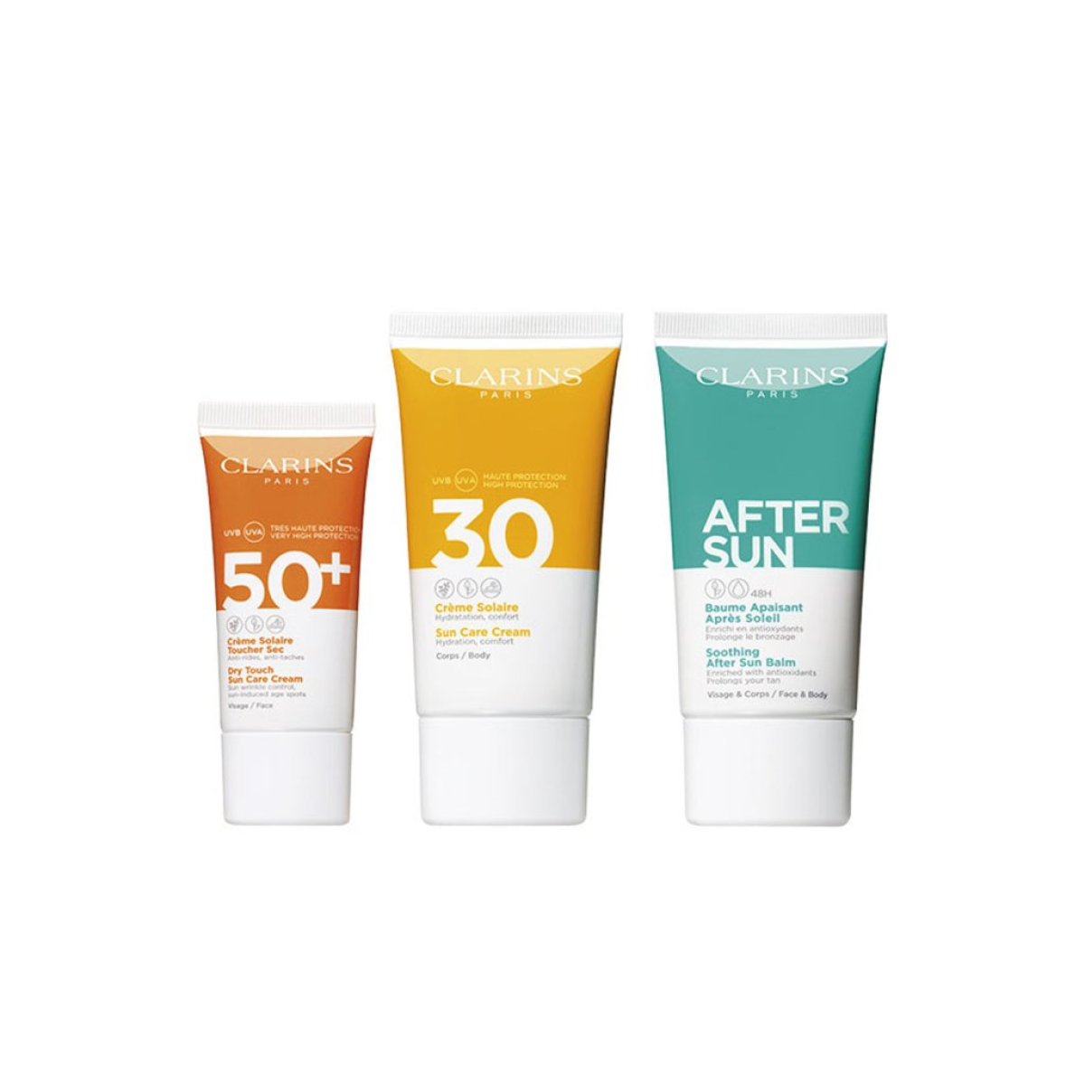 Clarins Essential Suncare Travel Set: SPF50 Face, SPF30 Body & After Sun Balm