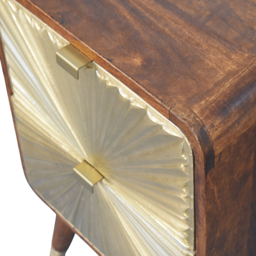 Artisan Furniture Solid Wood Avora Brass Embossed 2 Drawer Chestnut Nightstand, Brown & Golden