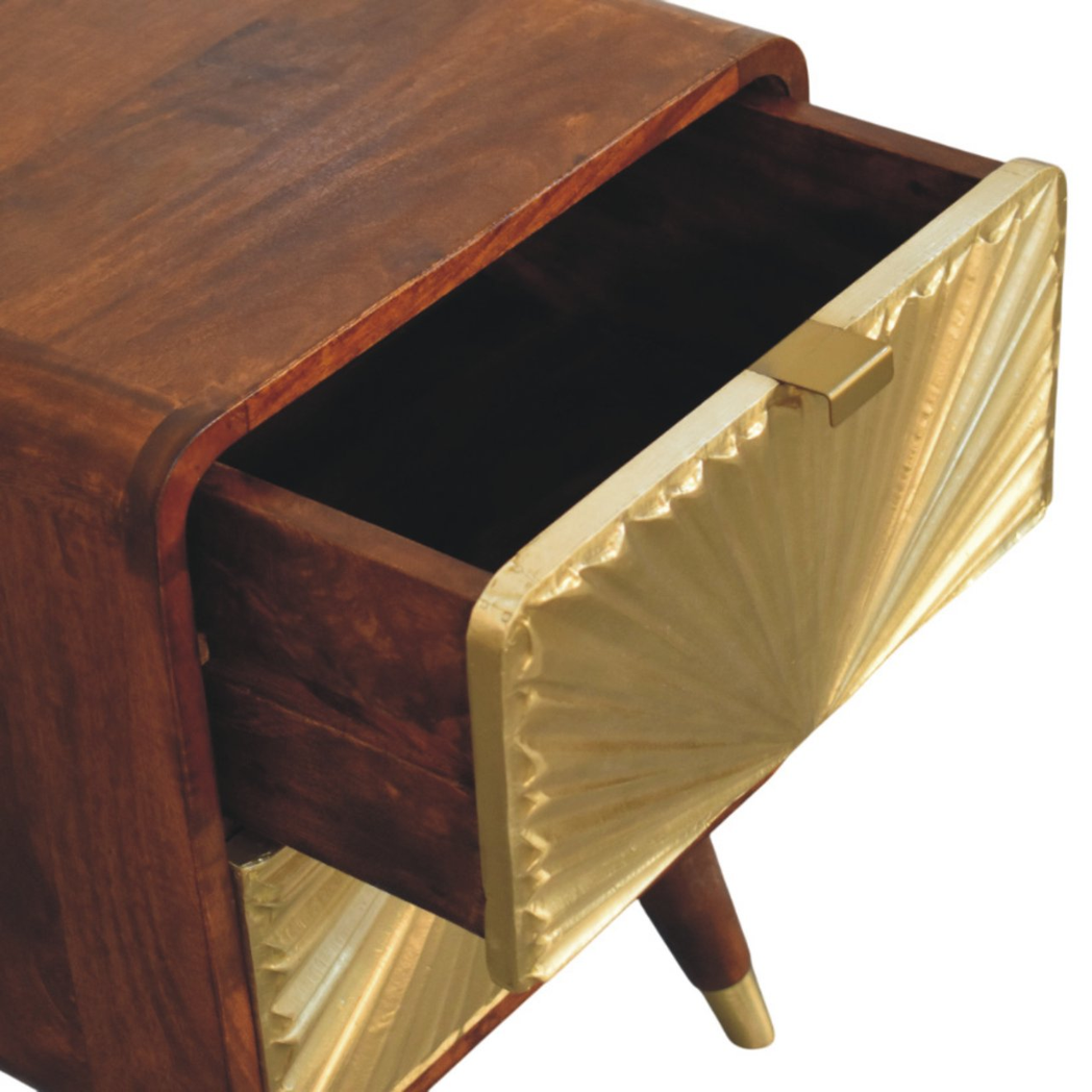 Artisan Furniture Solid Wood Avora Brass Embossed 2 Drawer Chestnut Nightstand, Brown & Golden