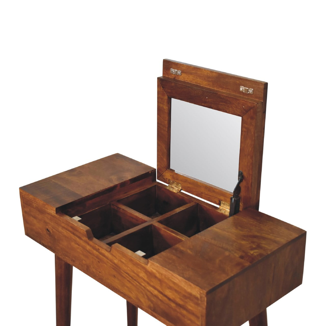 Artisan Furniture Solid Wood Mini Chestnut Fold Vanity, 4 Storage compartments with mirror, Brown