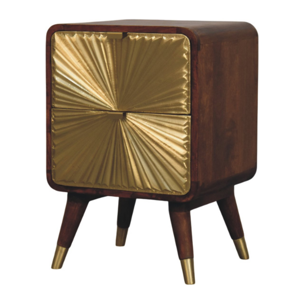 Artisan Furniture Solid Wood Avora Brass Embossed 2 Drawer Chestnut Nightstand, Brown & Golden