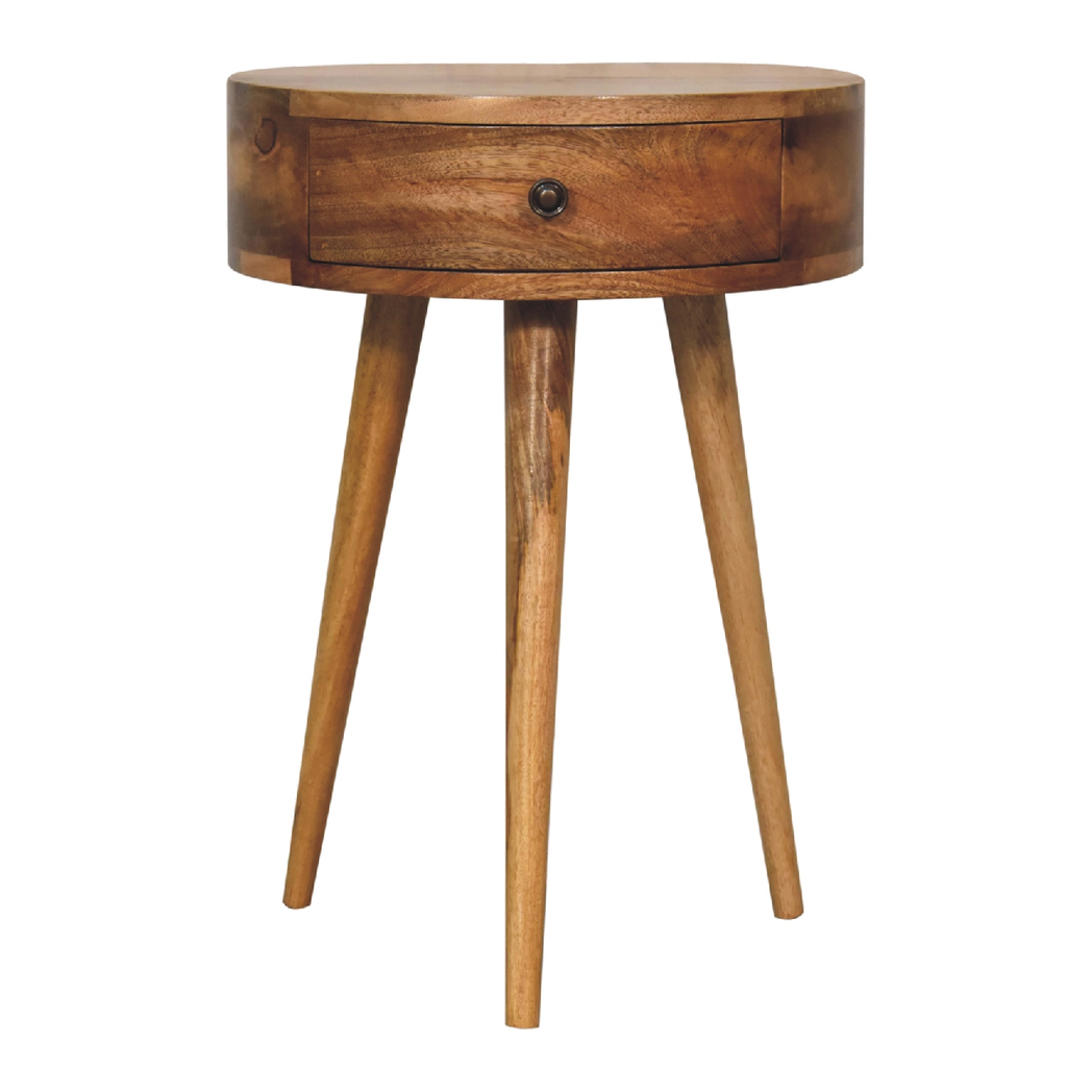Artisan Furniture Solid Wood Mini Oak-ish Circular Shape Bedside, Brown, 1 Drawer